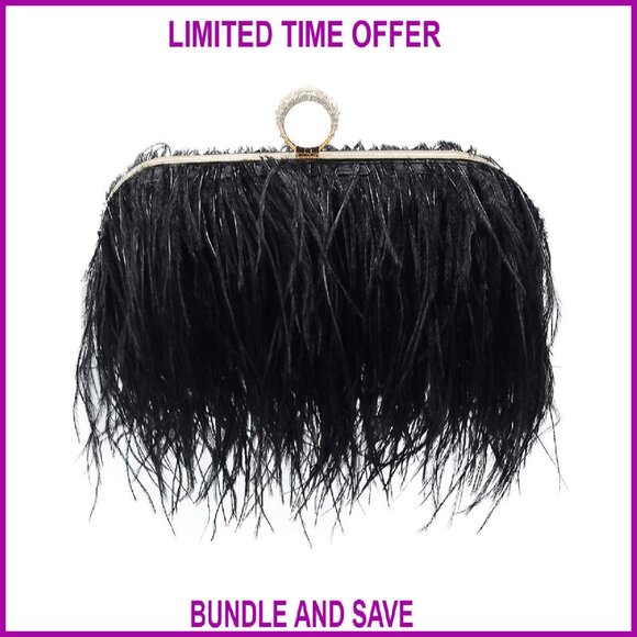 Ostrich Feather Clutch Purse with Chain Straps, Evening Crossbody Bag